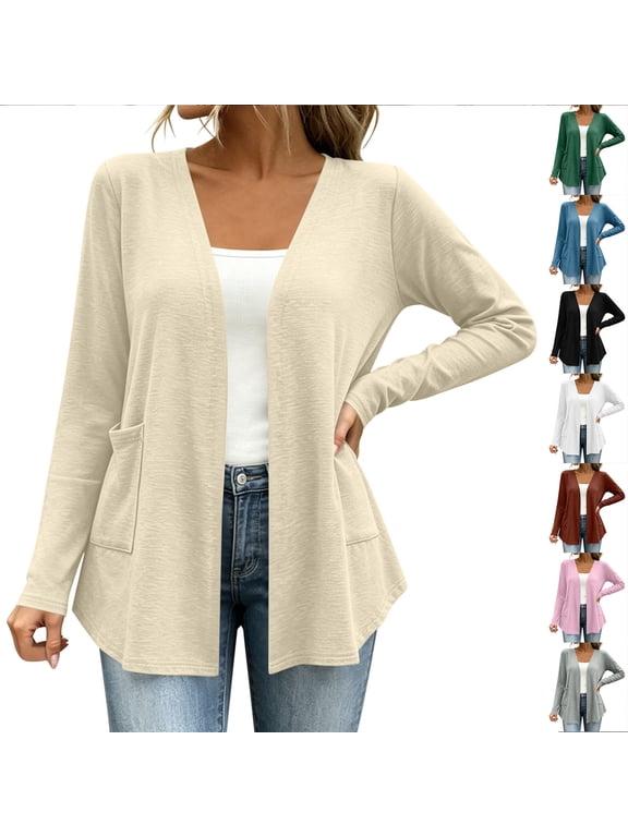 Shrug Cardigans for Women Open Front Cardigan Sweaters Lightweight Casual Long Sleeve Shrugs Fall Soft Plain Knitwear with Pockets