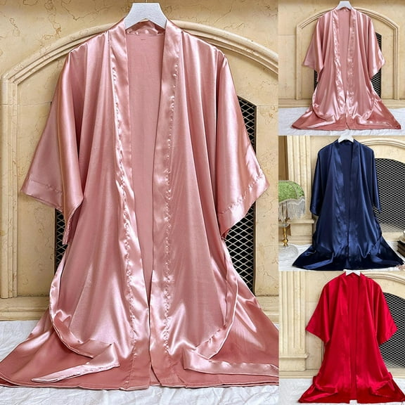 Aboser Silk Robes for Women Comfy Half Sleeve Bathrobes Lightweight Silky Satin Towel Robe Soft Loose Fit Long Loungewear Solid Color Home Robes Red XL