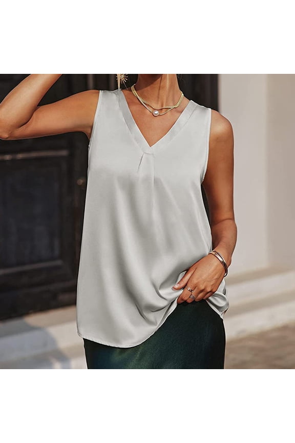 Silky Satin Tank Tops for Women Summer Loose Fit Work Blouses Dressy Casual Office Tanks V Neck Sleeveless T Shirts