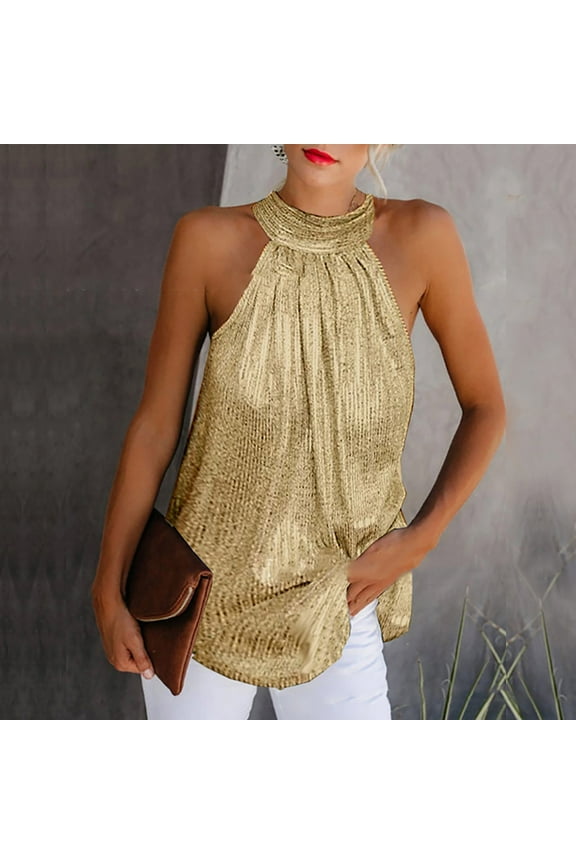 Silver Halter Tank Top Womens Sparkly Sleeveless Shirts Evening Party Dressy Blouse Loose Fit Prom T Shirt