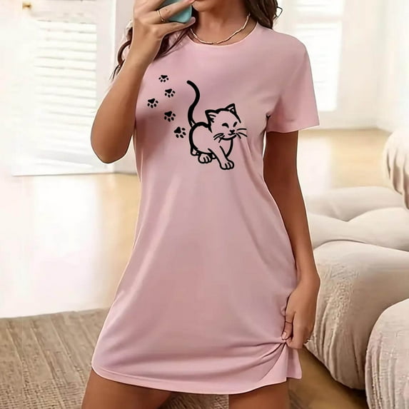 Aboser Sleep Shirts for Women Short Sleeve Nightgowns Cute Cat Print Loungewear Soft Short Sleepshirts Cozy Round Neck Nightdress