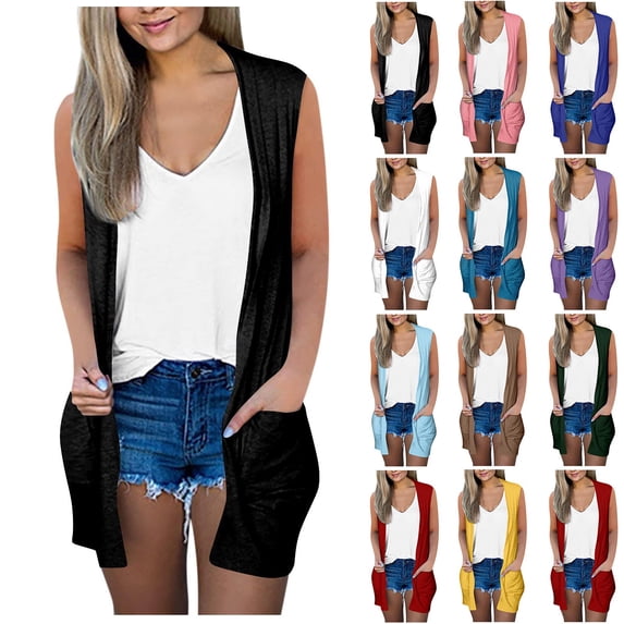 Aboser Sleeveless Cardigans for Women Lightweight Open Front Long Vest Casual Basic Cover Up Solid Color Cardigan with Pockets