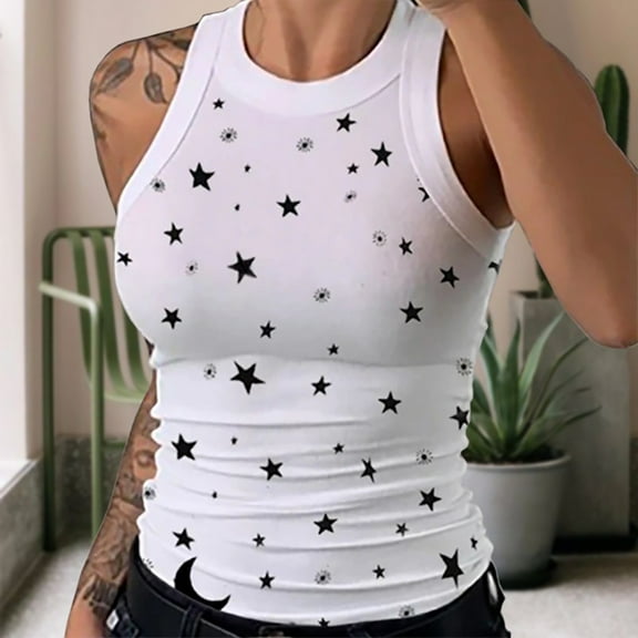 Aboser Sleeveless Crop Tank Tops for Women Trendy Star Graphic Tees Slim Fit Sports Top Casual Crewneck Sleeveless T Shirts