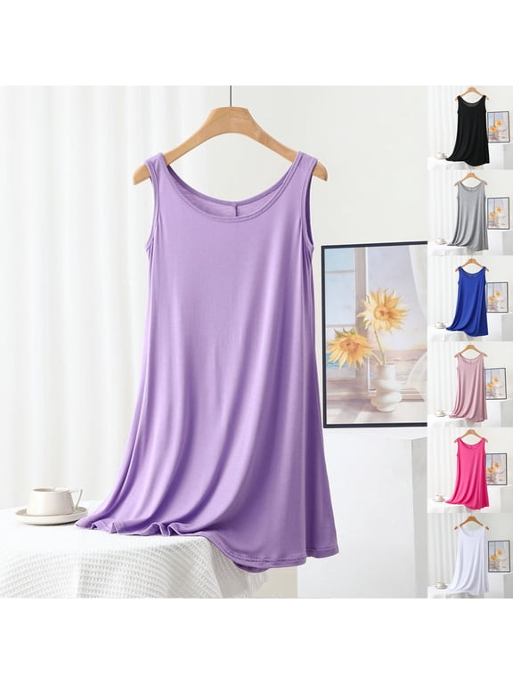 Sleeveless Long Nightgowns for Women Lightweight Solid Color Sleepwear Summer Casual Crewneck Lounge Dress Loose Fits Plain Nightshirt
