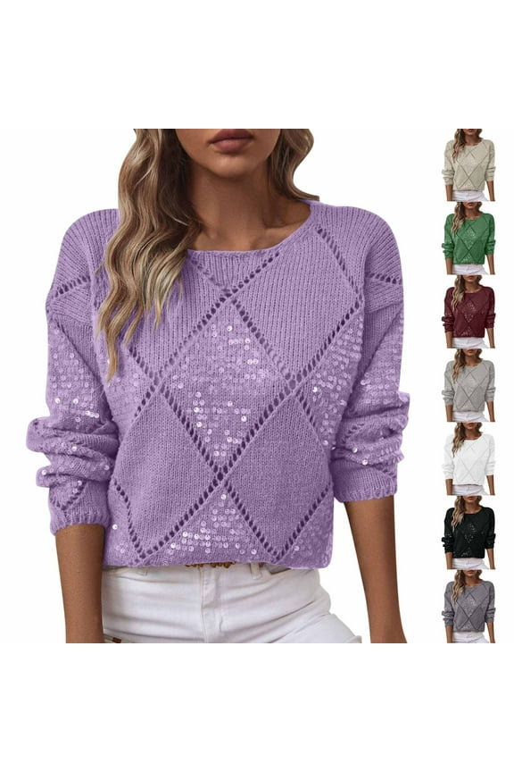 Sparkle Sequin Sweaters for Women Hollow Out Crochet Sweater Trendy Argyle Long Sleeve Tunic Tops Cozy Crew Neck Pullover Shirts Shimmer Glitter Blouses for Night Out Evening Party
