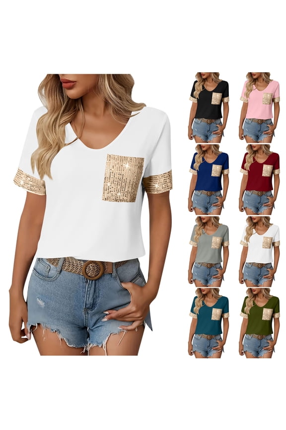 Sparkle Tops for Women Trendy Sequin Patchwork T Shirts Party Club Wear Casual Short Sleeve Tees Loose V Neck Tshirts