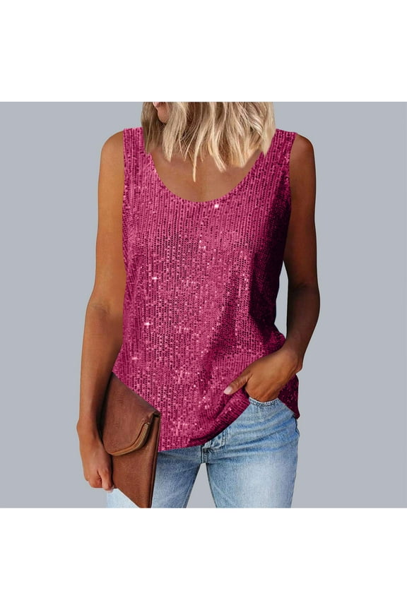Sparkly Sequin Tank Tops for Women Party Club Wear Fashion U Neck Shirts Loose Fit Sleeveless Prom Shirt Disco Dance Tee Blouses