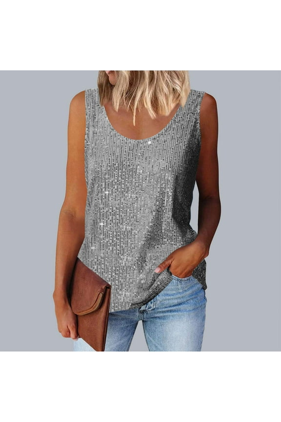 Sparkly Sequin Tank Tops for Women Party Club Wear Fashion U Neck Shirts Loose Fit Sleeveless Prom Shirt Disco Dance Tee Blouses