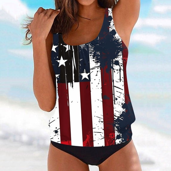 Aboser Stars and Stripes Tankini Bathing Suit for Women Plus Size High Waisted Swimsuits Patriotic Swim Top with Shorts Sets Tummy Control Two Piece Swimwear Red XXXL