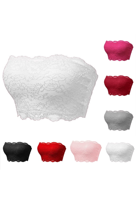 Strapless Bras for Women Push Up Tube Tops No Underwire Lace Bralette Comfortable Seamless Bandeau Bra Non Slip Padded Bras White XL