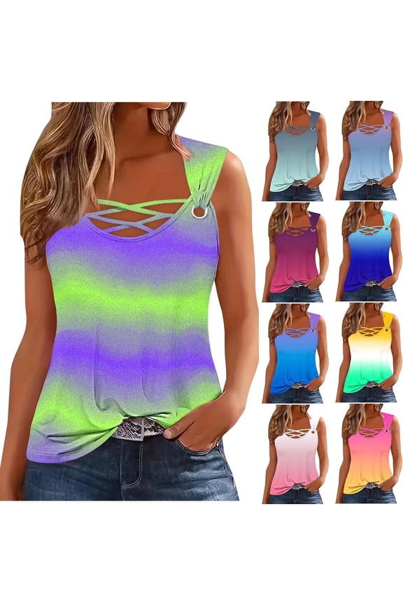 Strappy Camisole Tops for Women Trendy Tie Dye Shirts Summer Sleeveless Tank Top with O Ring Strap Loose Fit Beach Vacation Blouse