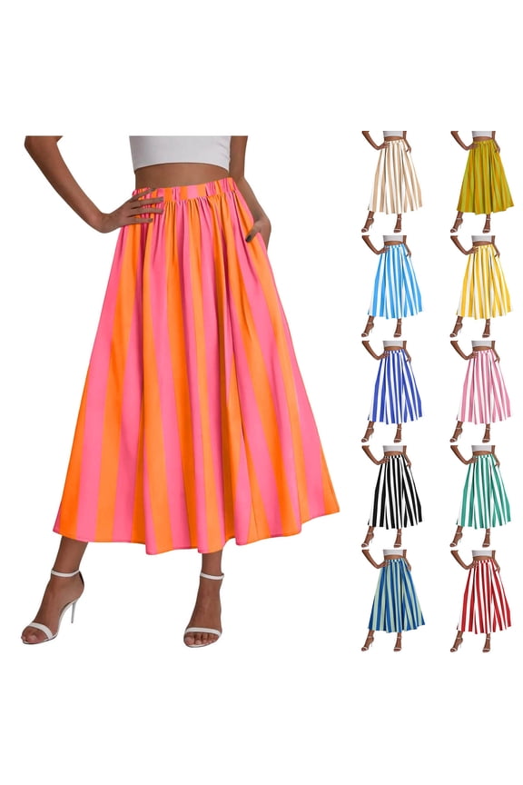 Striped Colorblock Skirts for Women Midi Length Beach Skirt Flowy High Waisted Skirts Casual A Line Skirt Fashion Vacation Outfits