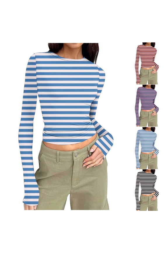 Striped Long Sleeve T Shirts for Women Y2k Clothes Slim Fit Basic Tees Casual Round Neck Tshirts Cozy Soft Undershirts Green XXXL
