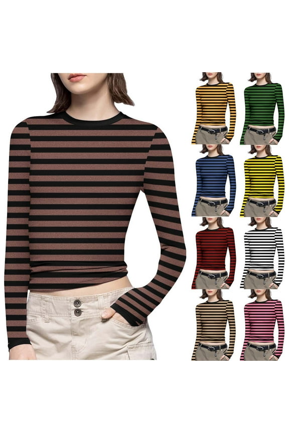 Striped Long Sleeve T Shirts for Women Y2k Clothes Slim Fit Basic Tees Casual Round Neck Tshirts Cozy Soft Undershirts Orange M