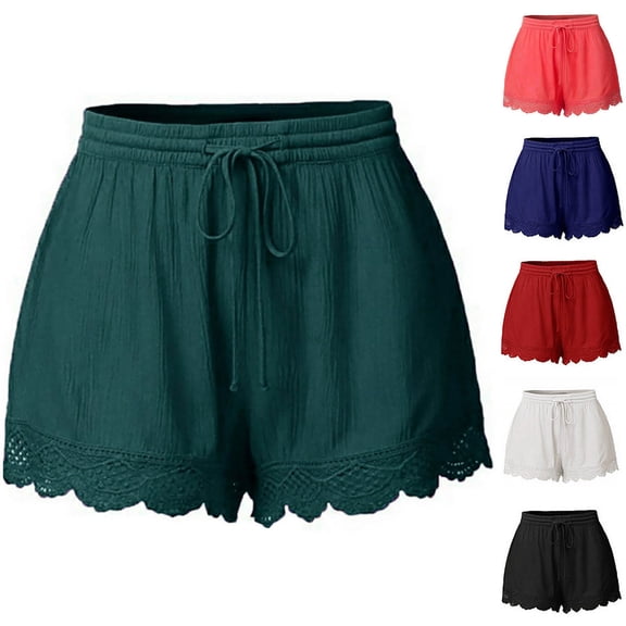 Aboser Summer Beach Shorts for Women Boho Lace Trim Linen Shorts Plus Size Elastic Waisted Shorts Elastic Waisted Drawstring Lounge Shorts