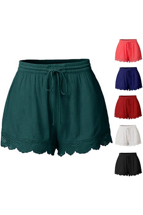 Summer Beach Shorts for Women Boho Lace Trim Linen Shorts Plus Size Elastic Waisted Shorts Elastic Waisted Drawstring Lounge Shorts