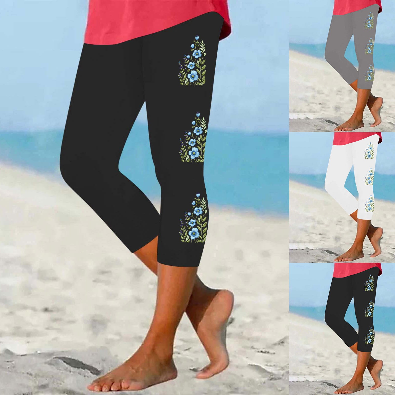 Aboser Summer Capri Leggings for Women Cute Floral Print Bohemian Beach ...