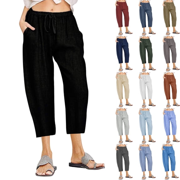 Aboser Summer Capri Pants for Women Petite Wide Leg Lounge Pants Lightweight Elastic Waisted Capris Solid Color Cotton Linen Trousers Loose Fitted Travel Vacation Pants with Pockets