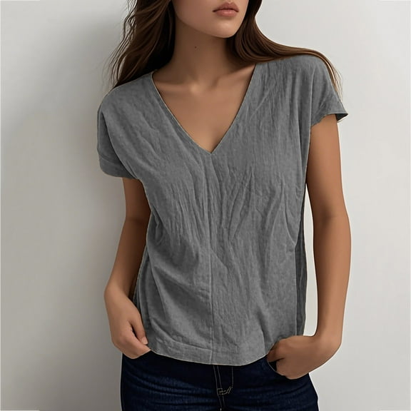 Aboser Summer Cotton Linen Tops for Women Casual V Neck Blouses Petite Casual Short Sleeve T Shirts Loose Fit Basic Shirt Blouse Womens Solid Color Tees Shirts