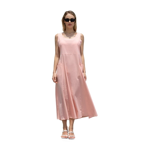 Aboser Summer Linen Dress for Women Plus Size Beach Maxi Dress Comfy Casual Boho Sundress Loose Scoop Neck Sundress with Pockets