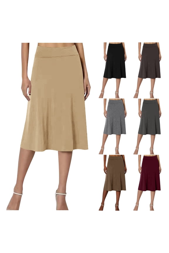 Summer Skirts for Women Casual High Waisted Skirt Pull On Midi Skirts Loose Fit Office Work Skirt Solid Color Skirts