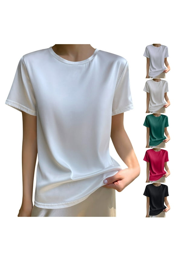 Summer T Shirt Women Casual Short Sleeve Basic Tees Solid Round Neck T Shirts Loose Fit Silky Satin Tops Lightweight Shirt Blouse for Woman