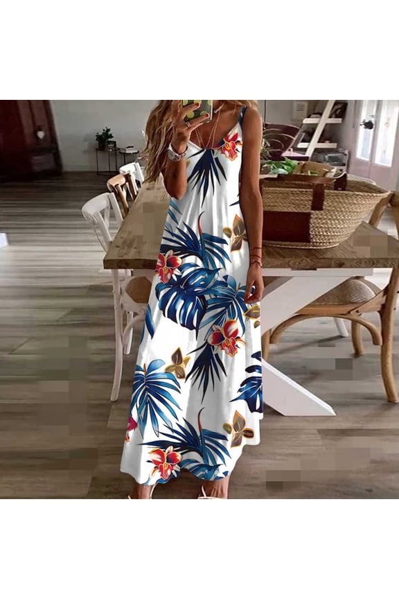 Summer Tropical Cami Dresses for Women Trendy Floral Printed Boho Dress Flowy Spaghetti Strap Beach Sundresses Loose Fits Sleeveless Maxi Dresses