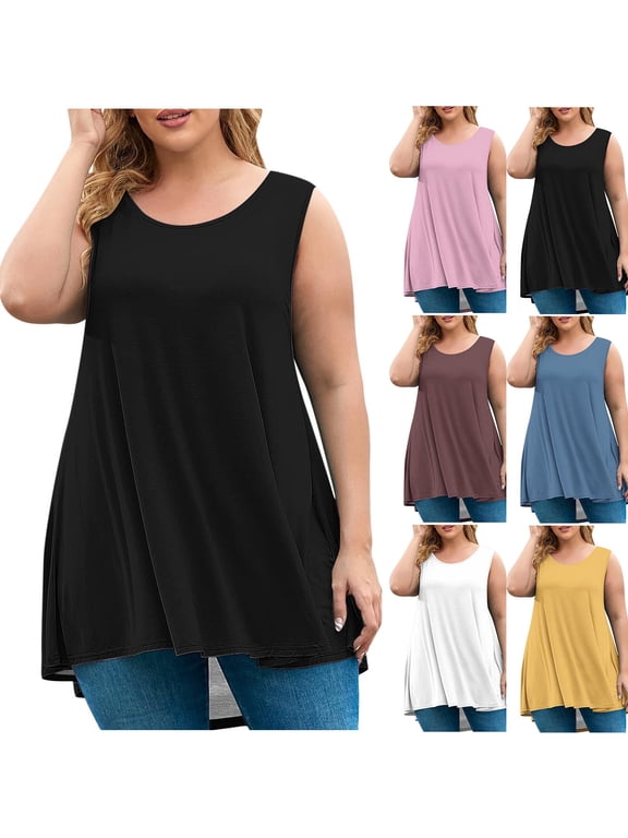 Summer Tunic Tank Tops for Women Plus Size Casual Sleeveless Shirts Long Torso Top Flowy Hide Belly Blouses Solid Round Neck Tanks Loose Fit Travel Vacation Shirt