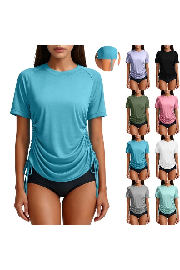 Sun Protection Tops for Women Summer Outdoor SPF UV Rash Guard Trendy Drawstring String T Shirts Raglan Short Sleeve Workout Tees Beach Travel Vacation Tshirts
