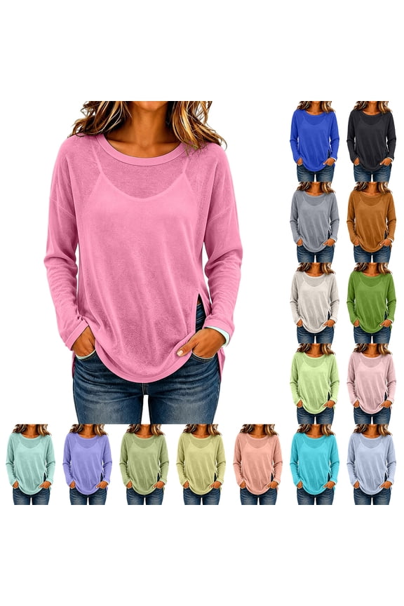 Sun Protection Tops for Women See Through Long Sleeve Beach Cover Ups Casual Split Hem Basic Shirts Lightweight Crewneck Layering Tops