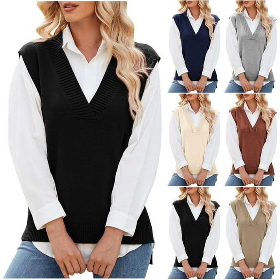 Aboser Sweater Vests for Women Sleeveless V Neck Sweaters Ribbed Edge Knit Pullover Vest Classic Fit Waistcoat Casual Solid Color Gilet Tops Dark Blue M