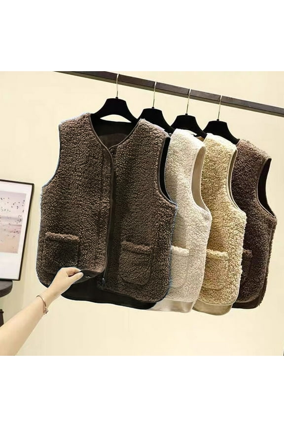 Teddy Fleece Vest for Women Thermal Fuzzy Cardigan Jacket Trendy Zip Up Vests Loose Fit Sleeveless Outerwear Comfy Soft V Neck Jackets with Pockets