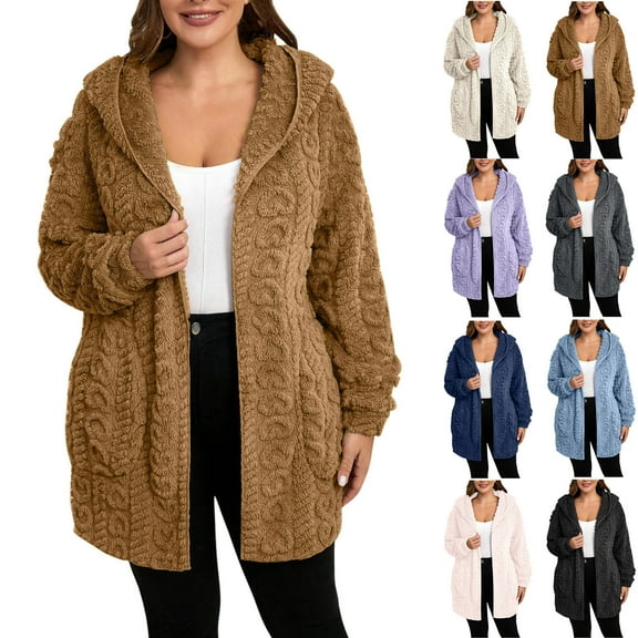 Aboser Textured Fleece Jackets for Women Fuzzy Sherpa Cardigan Sweaters Loose Open Front Hoodie Jacket Casual Long Sleeve Hooded Coats with Pockets