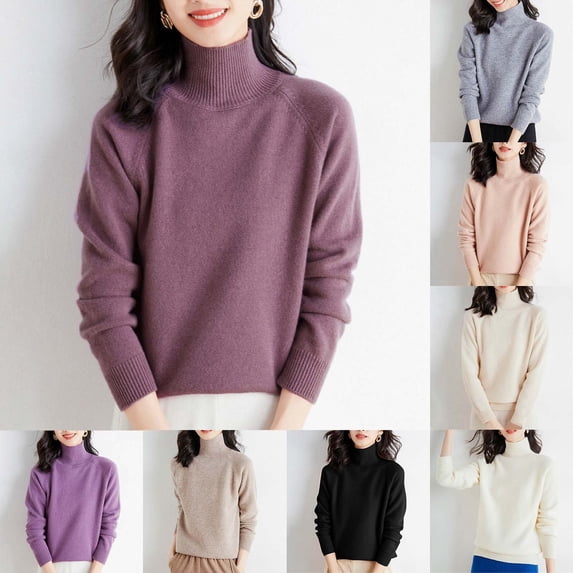 Aboser Turtleneck Sweaters for Women Thick Warm Knit Tops Raglans Long Sleeve Pullover Sweater Loose Comfy Jumper Top Solid Color Warm Clothes Purple S