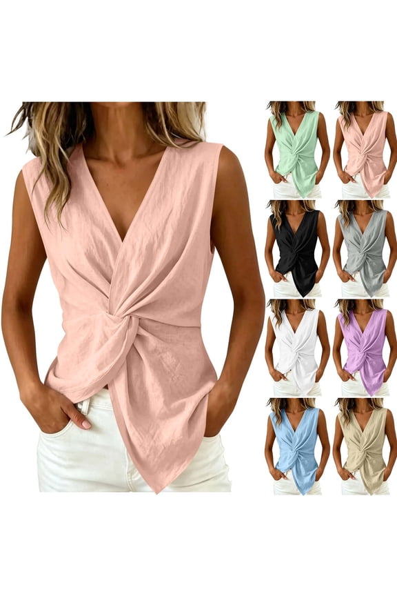 Twist Front Wrap Vest Tops for Women Dressy Casual Sleeveless Shirts Summer Cotton and Linen Vests Solid V Neck Blouses for Work Office