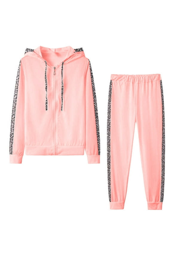 Two Piece Sweatsuits for Women Plus Size Workout Sets Fashion Leopard Print Jackets and Jogging Pants Casual Solid Activewear Outfits