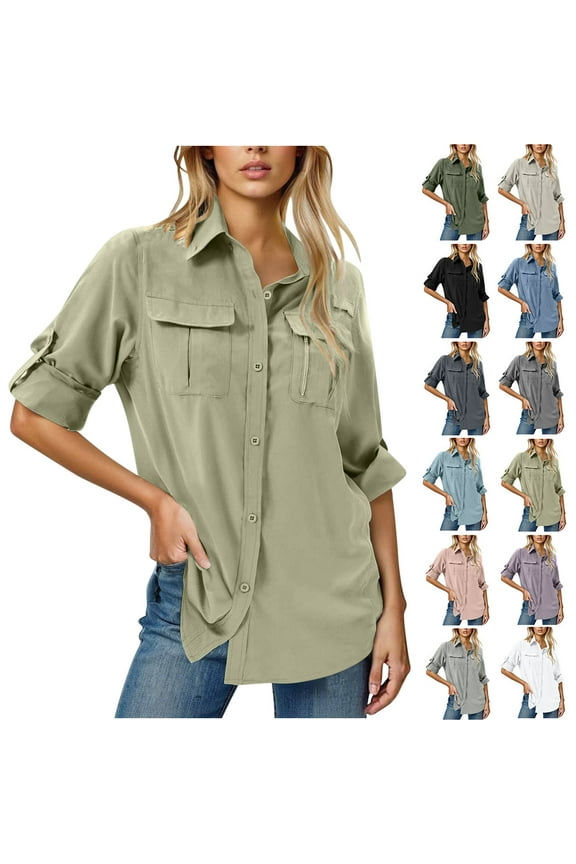 UPF 50+ Cargo Shirts for Women Button Down Sun Shirt Outdoor Quick Dry Tactical Shirts Breathable Mesh UV Protection Tops Roll Up Long Sleeve Tshirts Army Green L