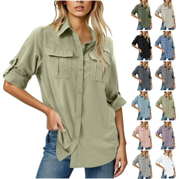 Aboser UPF 50+ Cargo Shirts for Women Button Down Sun Shirt Outdoor Quick Dry Tactical Shirts Breathable Mesh UV Protection Tops Roll Up Long Sleeve Tshirts Beige L