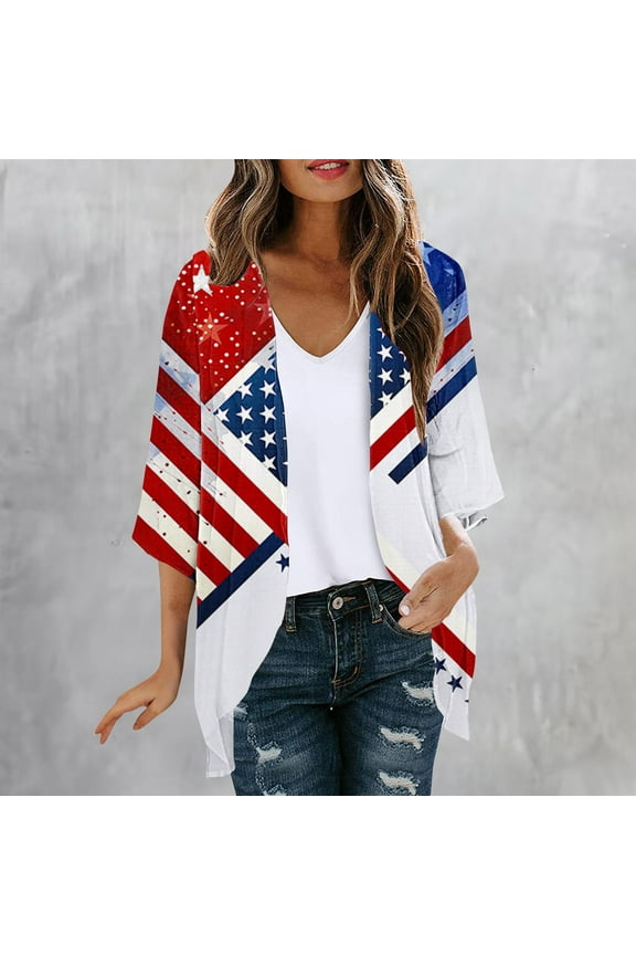 USA Flag Kimono Cardigans for Women 2026 Fourth of July Holiday Cardigan 4th of July Patriotic Cover Up Lightweight Chiffon Cardigans Multicolor XXL