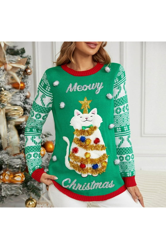 Christmas Sweaters for Women Fair Isle Knit Jumper Tops Funny Xmas Festival Pullover Shirts Comfy Long Sleeve Sweater Loose Fit Crewneck Knitwear M