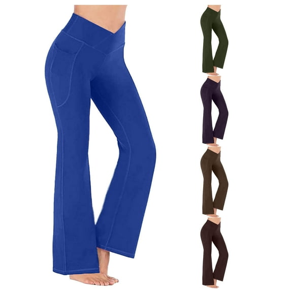 Aboser V Crossover Yoga Leggings for Women Plus Size Tummy Control Pants Active Athletic Gym Cycling Travel Legging Wide Leg Bootcut Pants with Pockets Brown