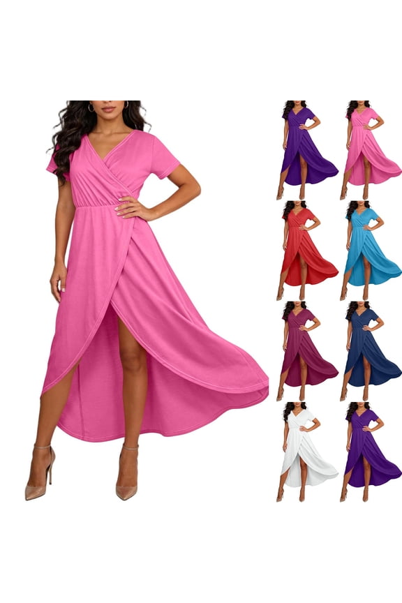 V Neck Beach Dresses for Women Summer Short Sleeve Sundress Flowy Flowy Irregular Hem Dress Casual Wrap Dresses Loose Fitted Long Dress