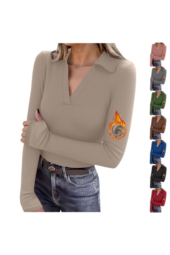 V Neck Henley Shirts for Women Dressy Lapel Collar Blouse Long Sleeve Thermal Shirt Cozy Thumb Hole Layering Top Solid Color Casual Basic Tees