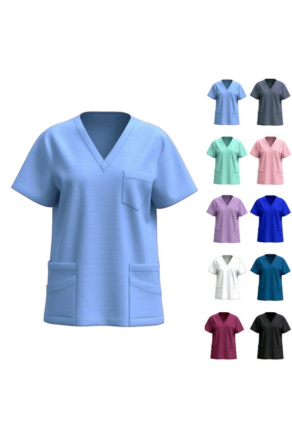 V Neck Scrub Tops for Women Lightweight Short Sleeve Work Shirts Solid Color Nurse Uniform Scrubs Top Casual Soft Nursing Shirt with Multi Pockets Wine XL
