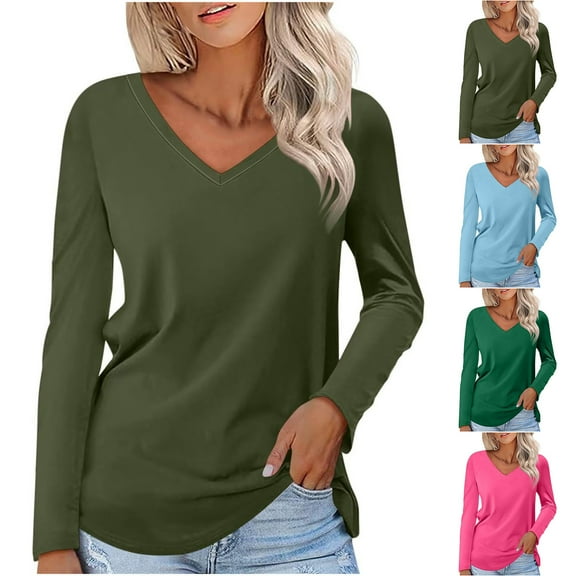 Aboser V Neck T-Shirts for Women Casual Long Sleeve Tees Lightweight Fall Tops Solid Color T Shirt Loose Fit Tee Top Comfy Soft Basic Shirts Blue XXL