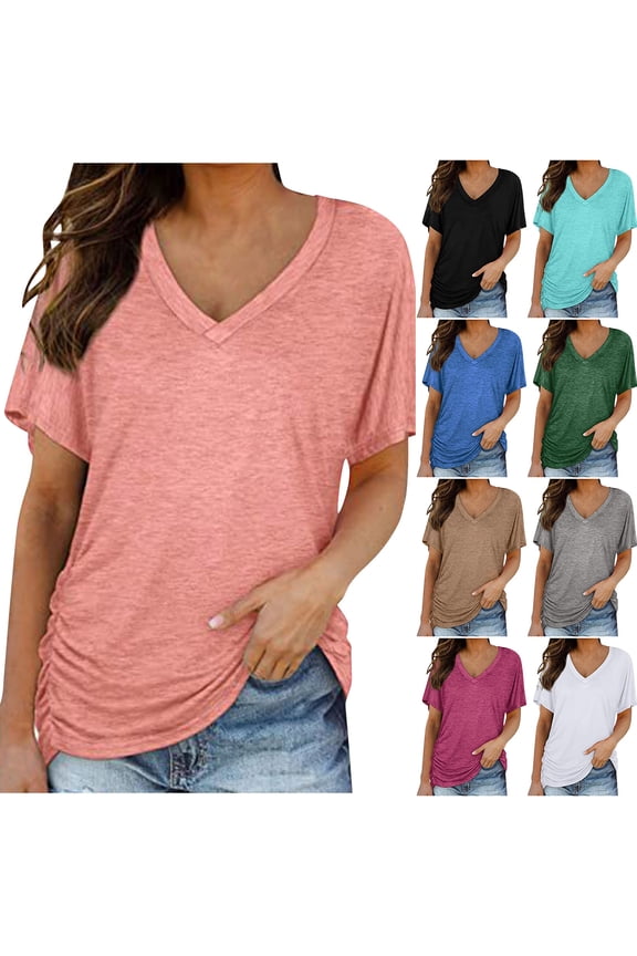 V Neck T Shirts for Women Casual Short Sleeve Basic Tees Lightweight Soft Cotton Tops Solid Color Classic Shirt Loose Fit Going Out Top