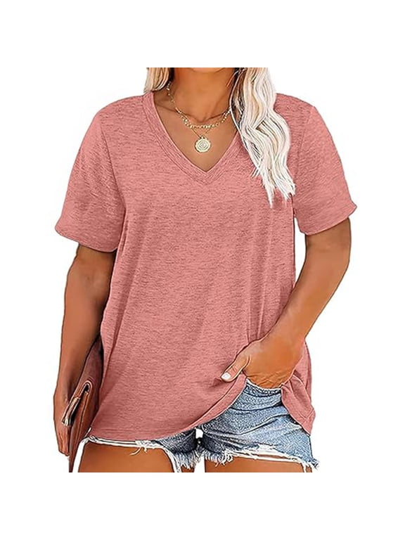V Neck T Shirts for Women Casual Short Sleeve Basic Tees Lightweight Soft Cotton Tops Solid Color Classic Shirt Loose Fit Going Out Top