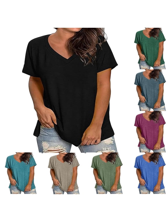 V Neck T Shirts for Women Casual Short Sleeve Basic Tees Lightweight Soft Cotton Tops Solid Color Classic Shirt Loose Fit Going Out Top