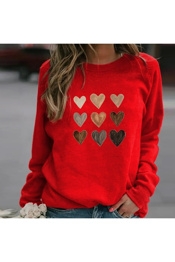Valentine Shirt for Women Crewneck Shirts Casual Love Heart Graphic Tees Loose Long Sleeve Pullover Tops Fashion Holiday Tshirt Red S