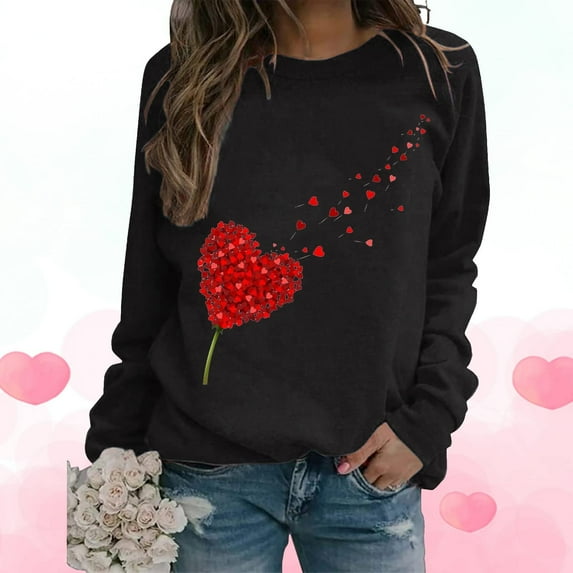 Aboser Valentine Shirts for Women Long Sleeve Heart Print T Shirt Casual Round Neck Tops Valentines Day Sweatshirt for Womens Comfy Loose Holiday Blouse